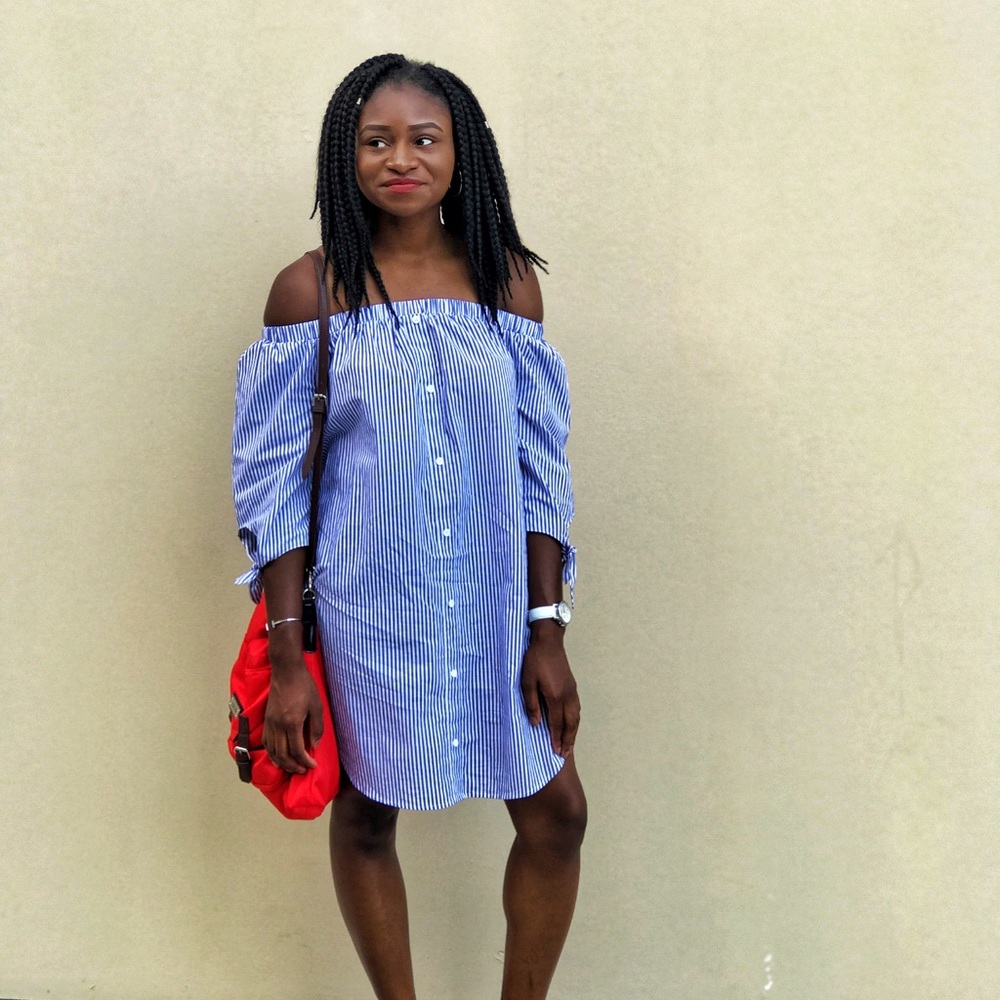 Off the shoulder dress shirt dress.